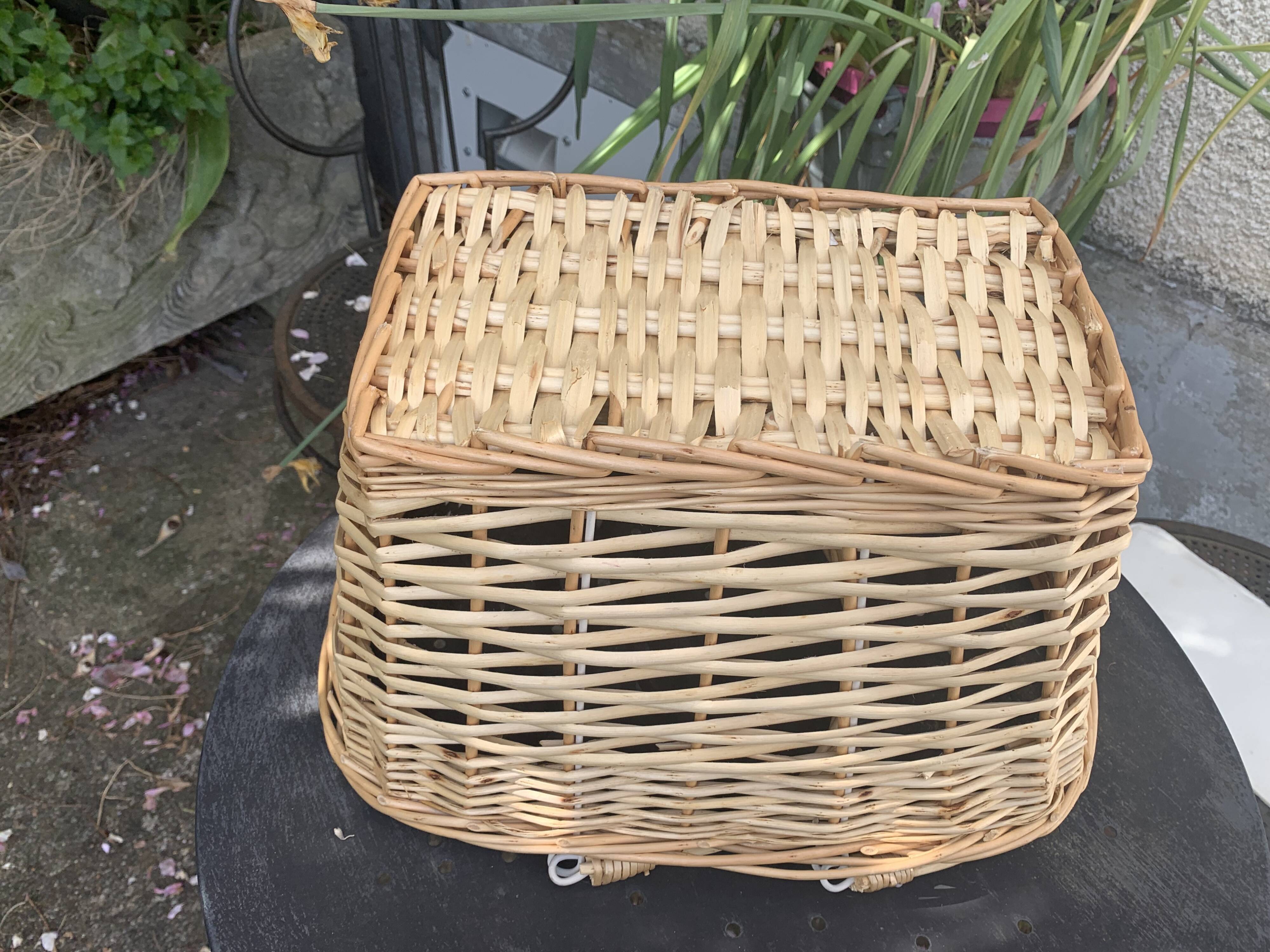 Rattan basket, woven wicker, with two vintage handles