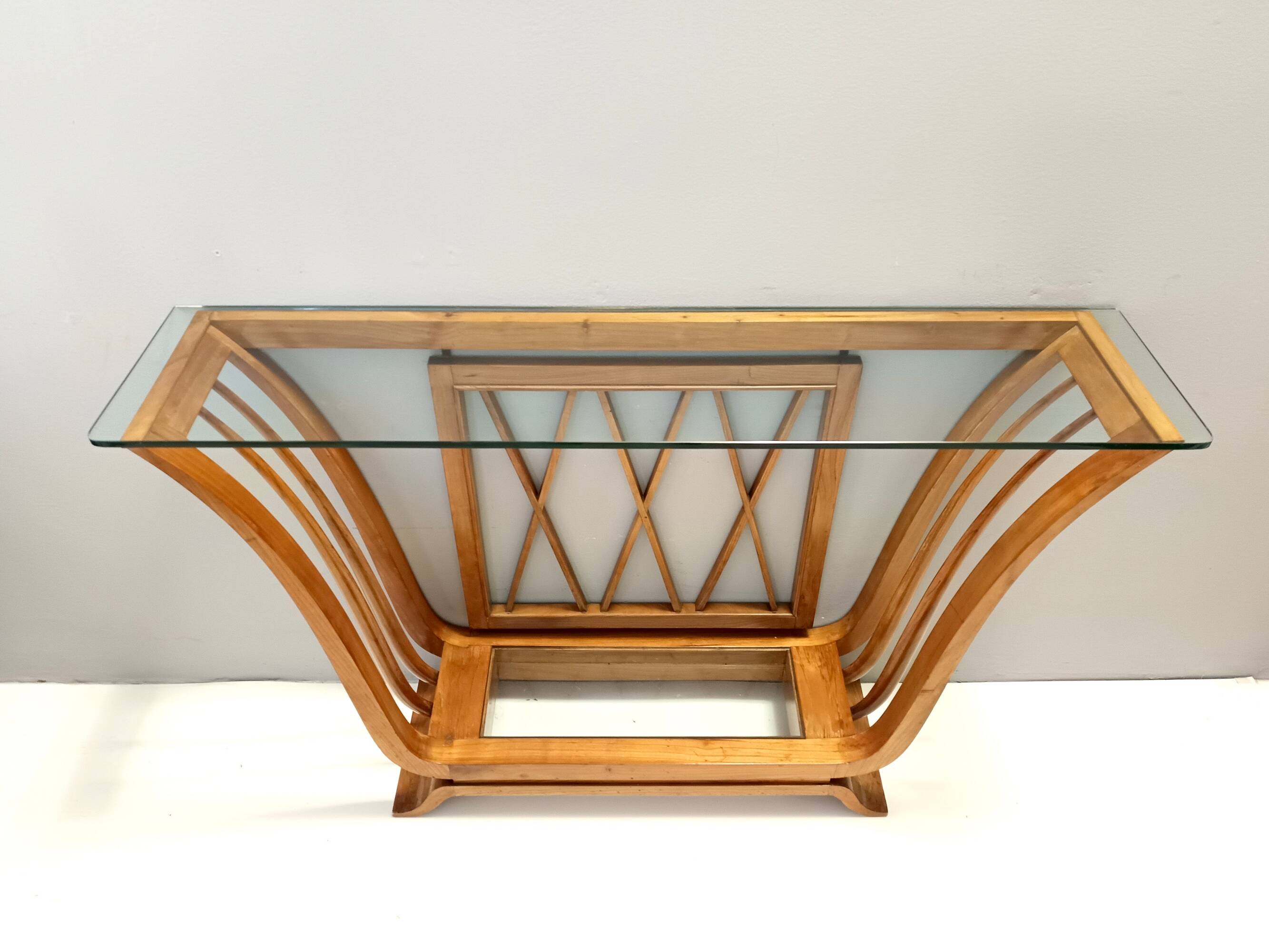 Art Deco Cherrywood Console Table with a Rectangular Glass Top, Italy