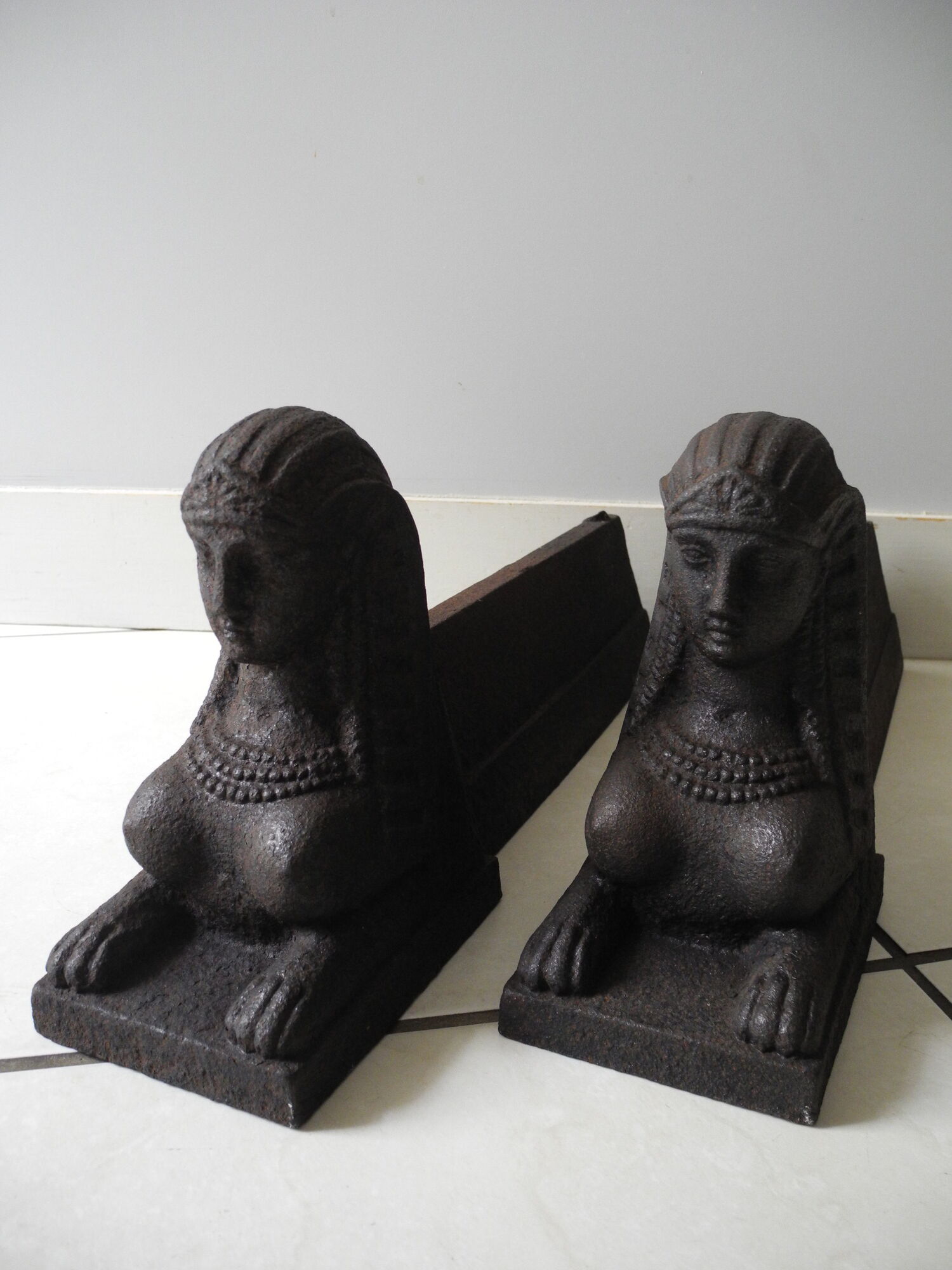 Pair of old chenets sphinx cast iron deco back from egypt