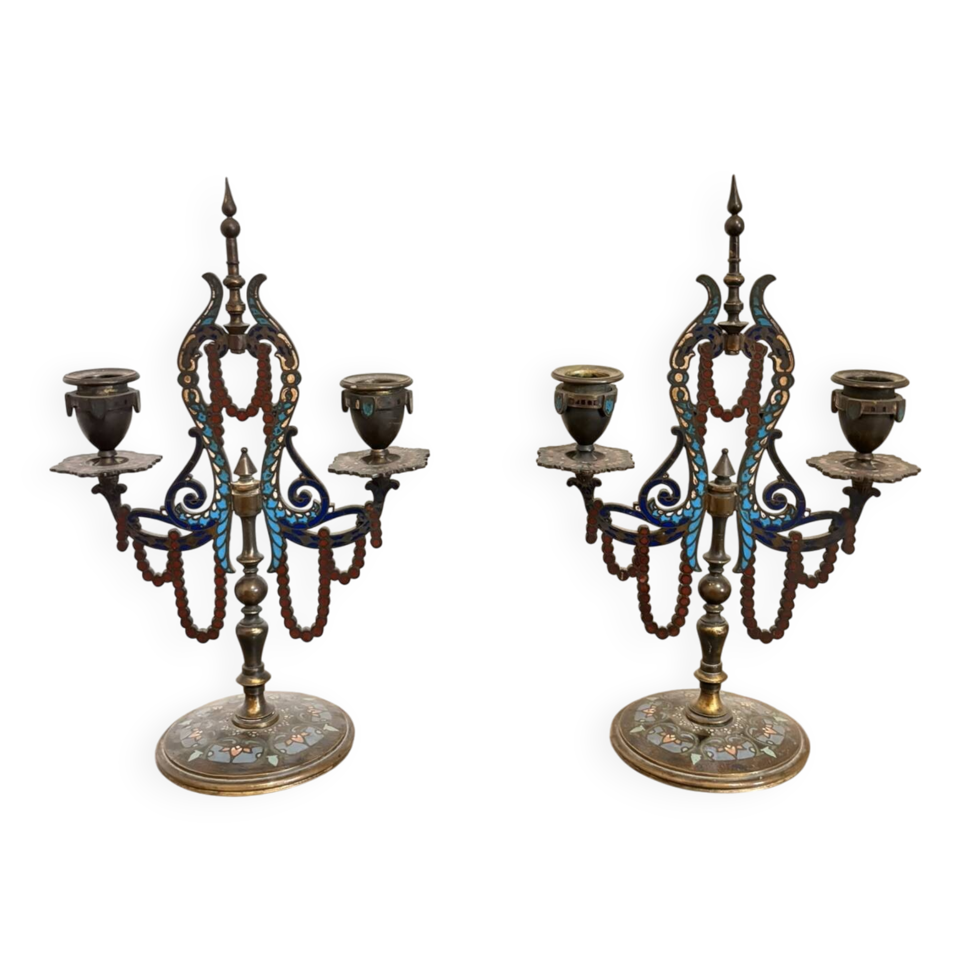 Pair of Candelabra Chandelier Champlevé Enamel Napoleon III Barbedienne