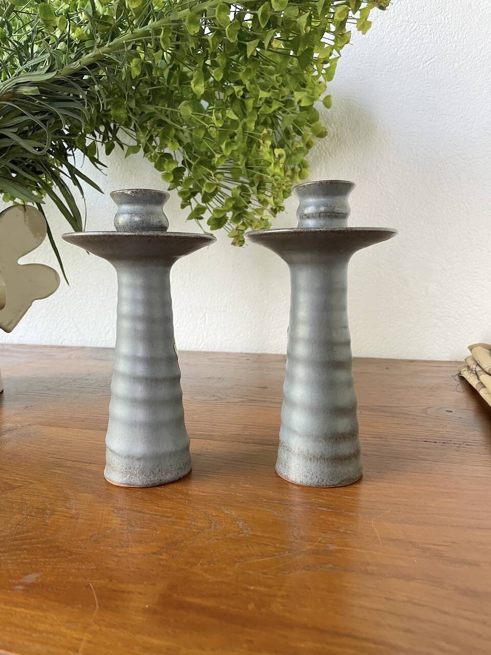 Pair of gray stoneware candlesticks