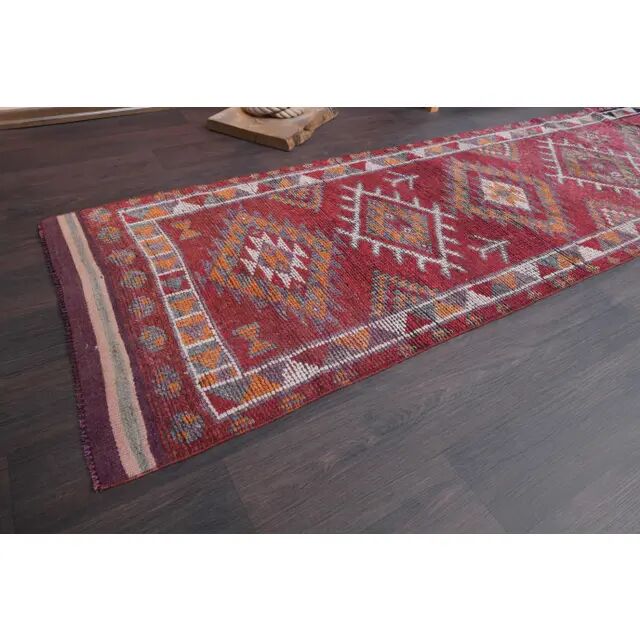 Vintage Turkish Hand-Knotted Wool Cotton Red Runner Rug 83x384