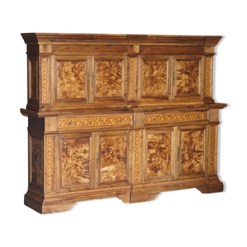 Buffet de Gouvernante Italien en Chêne Burr Pippy avec Marqueterie Géométrique