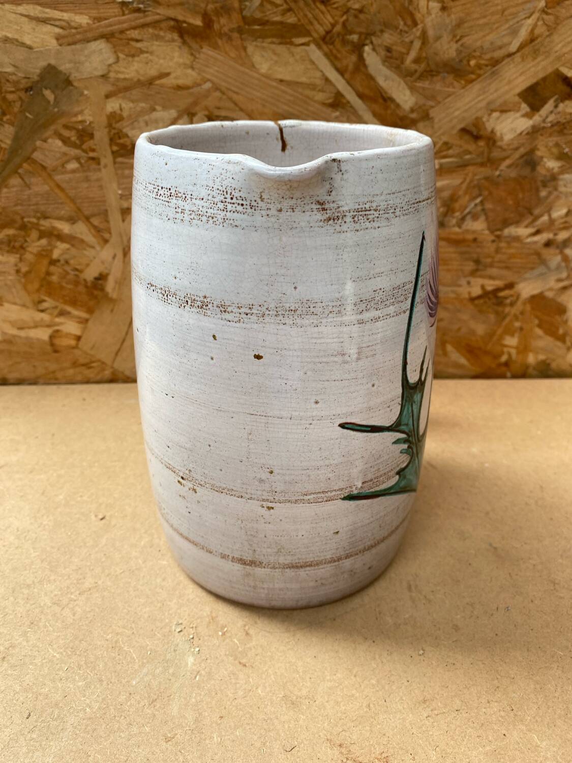 Antique vallauris ceramic pitcher with vintage blue thistle decor