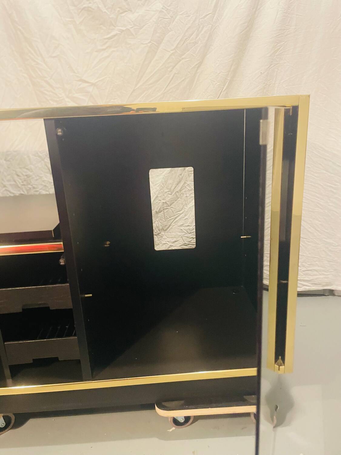 Sideboard, black lacquered and brass Hi-fi unit by Roche Bobois, circa 1970