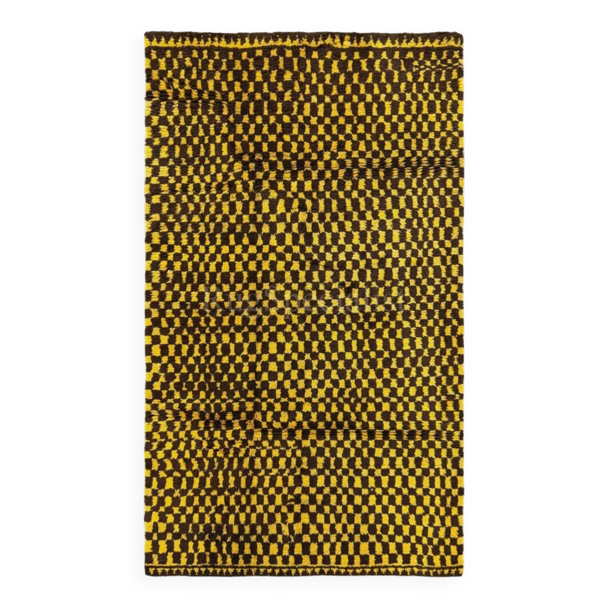 Hand-Knotted Checkered Tulu Rug. 100% Wool. Brown & Mustard Yellow Carpet. Custom Options Available