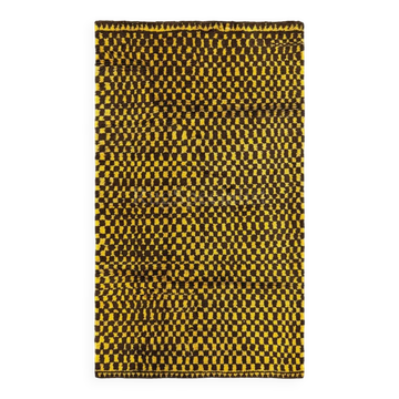 Tapis Tulu à carreaux noué à la main. 100 % laine. Tapis marron et jaune moutarde. Options personnalisées disponibles.