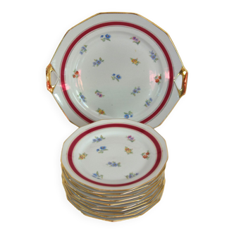 11 assiettes à dessert et plat à gâteaux en porcelaine LT France