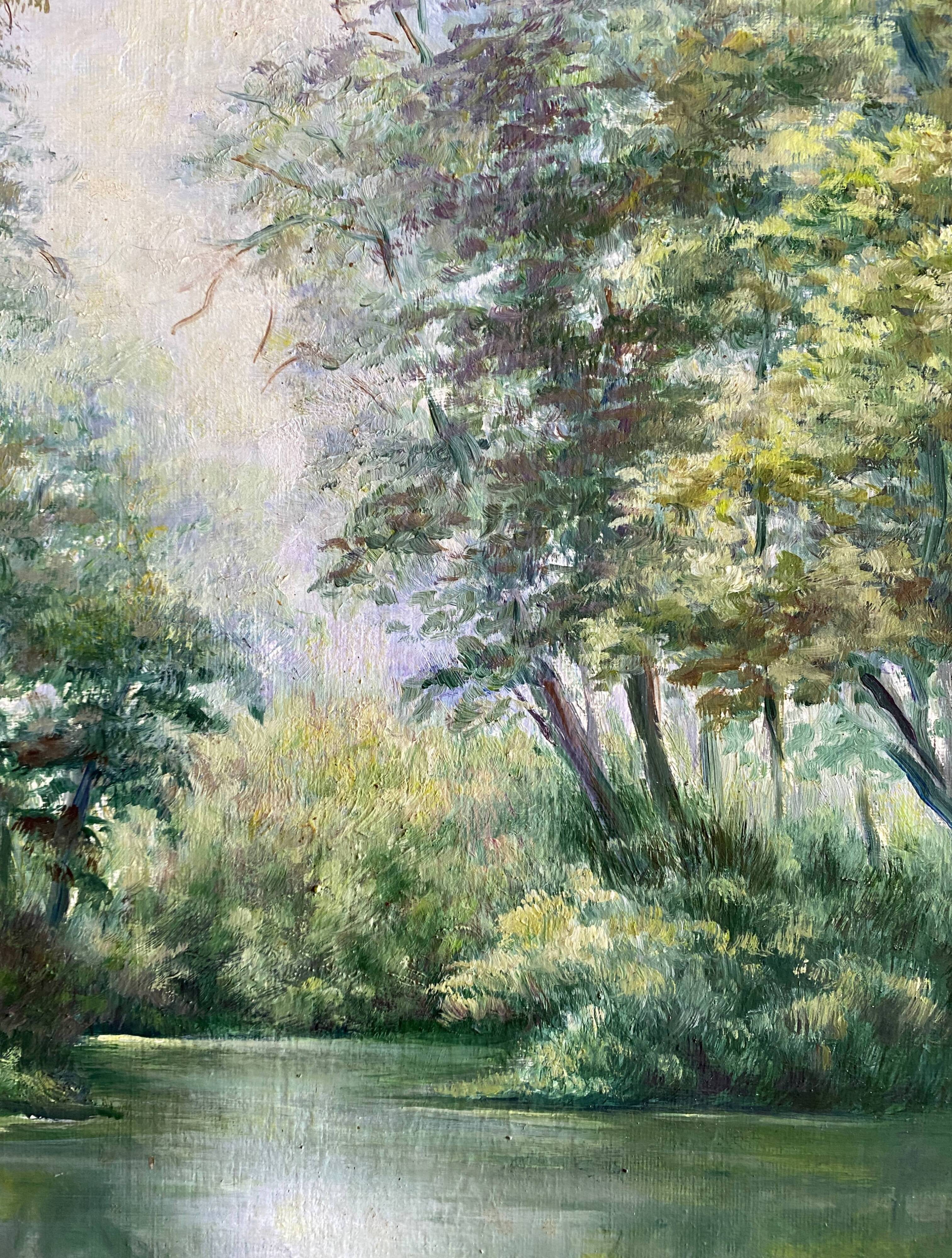 HST painting "Landscape with wooded river" - signed Valena XX° + frame