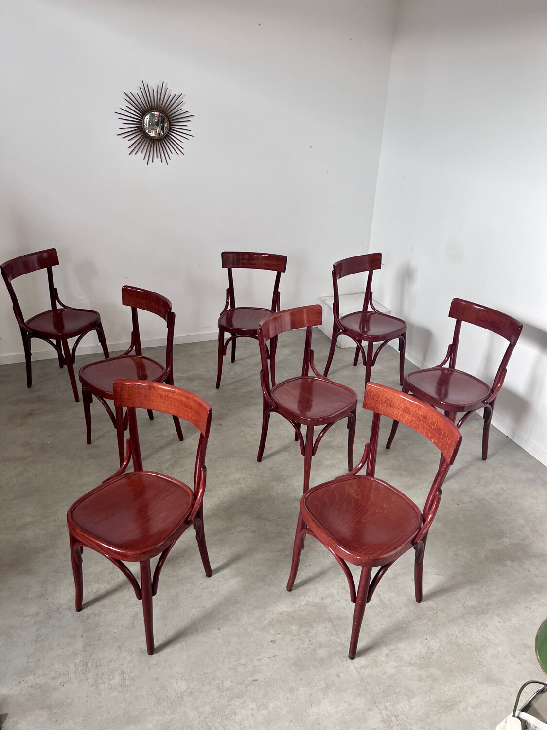 Set of 8 vintage 70s curved varnished wood bistro chairs