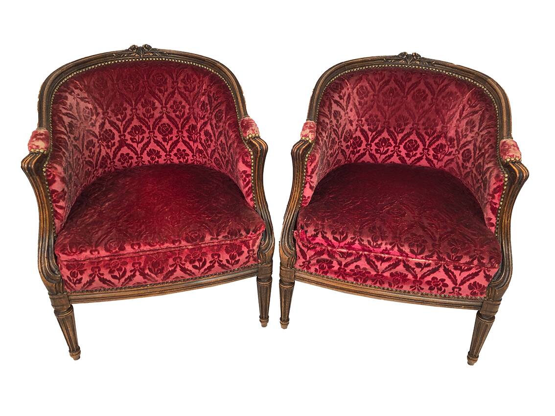 Pair of Transition period armchairs, trimmed with burgundy velvet