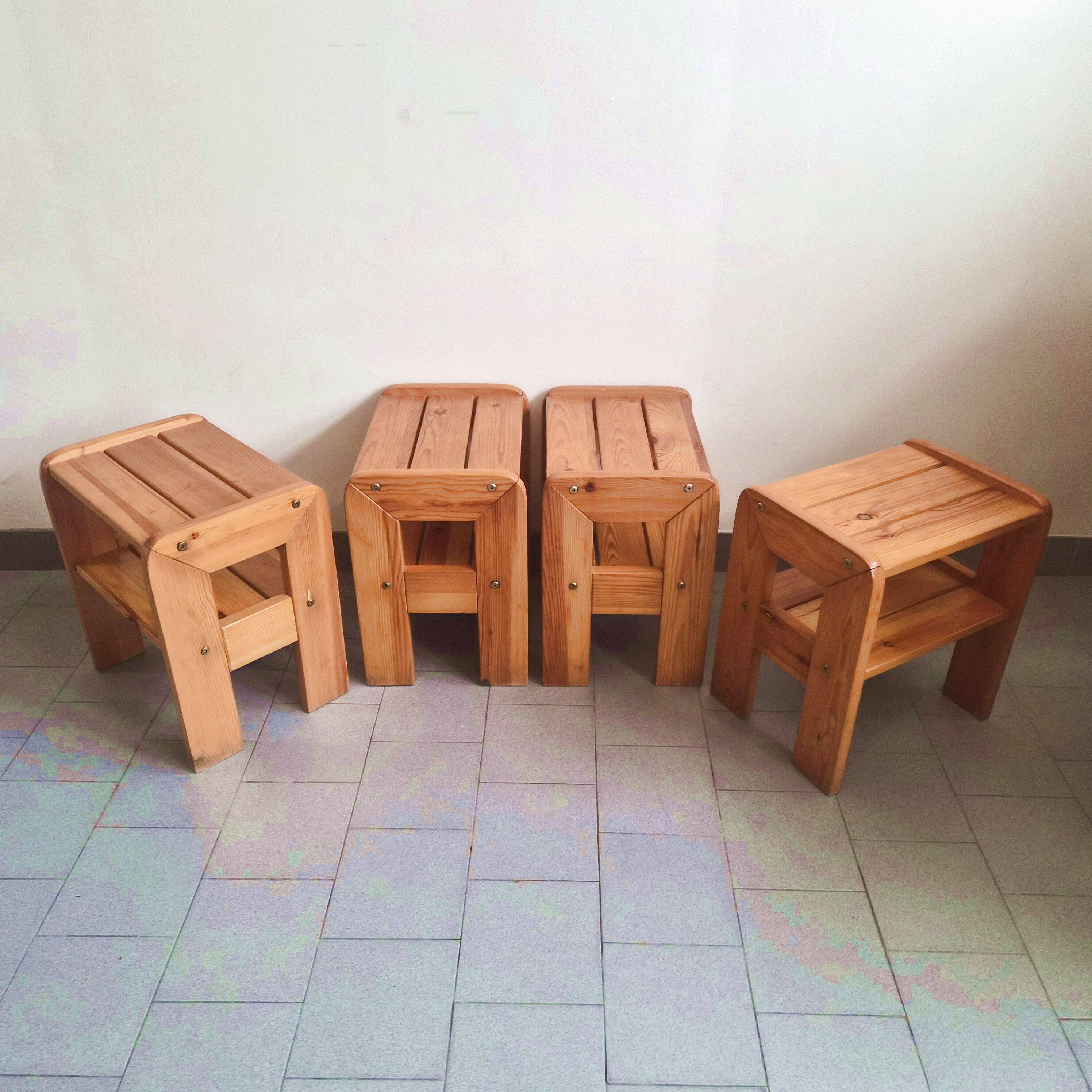 Set of 4 vintage 1970s pine side tables or bedside tables.