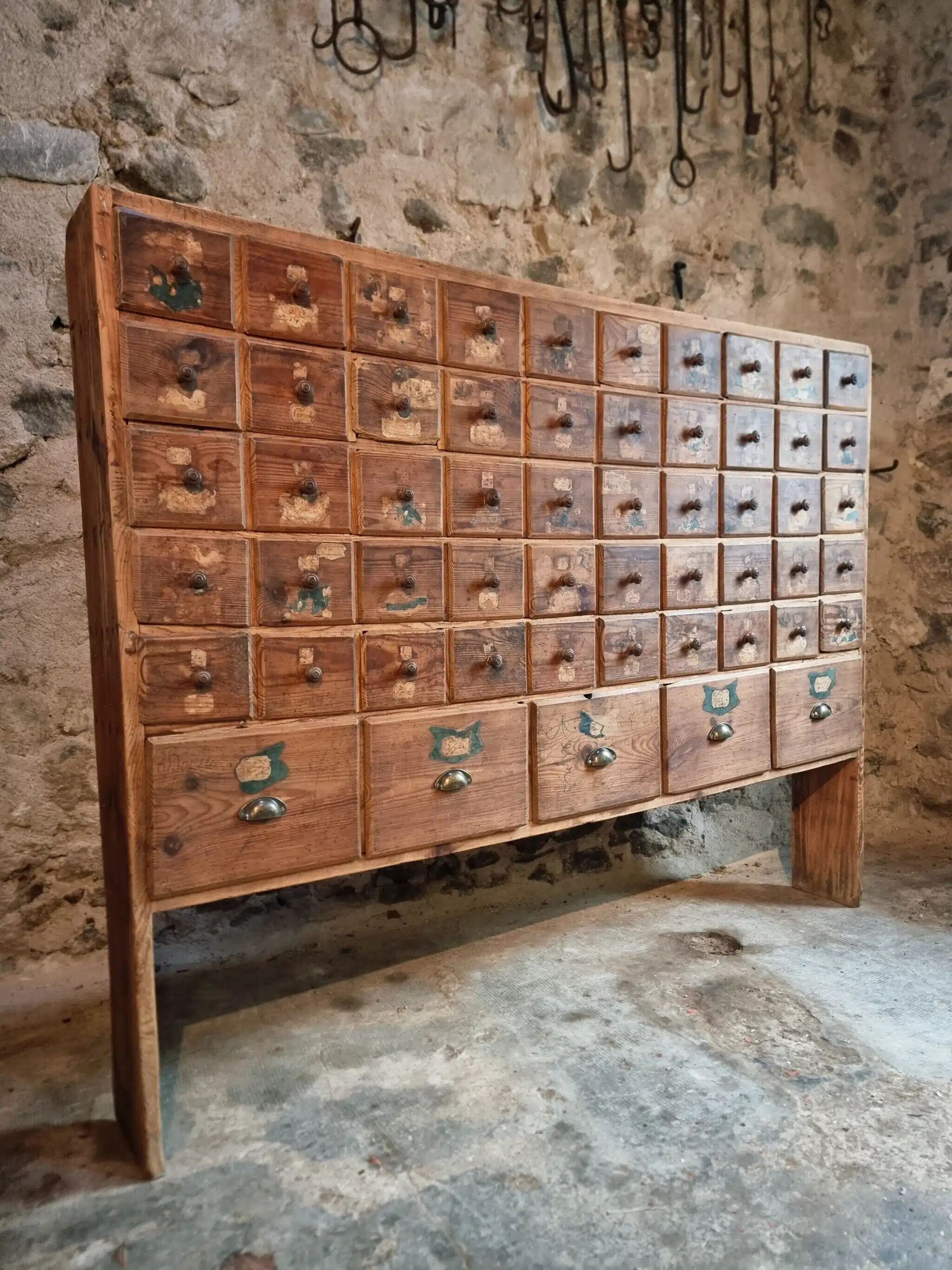 Antique pine drawer cabinet with 50 drawers, apothecary or hardware, 19th century
