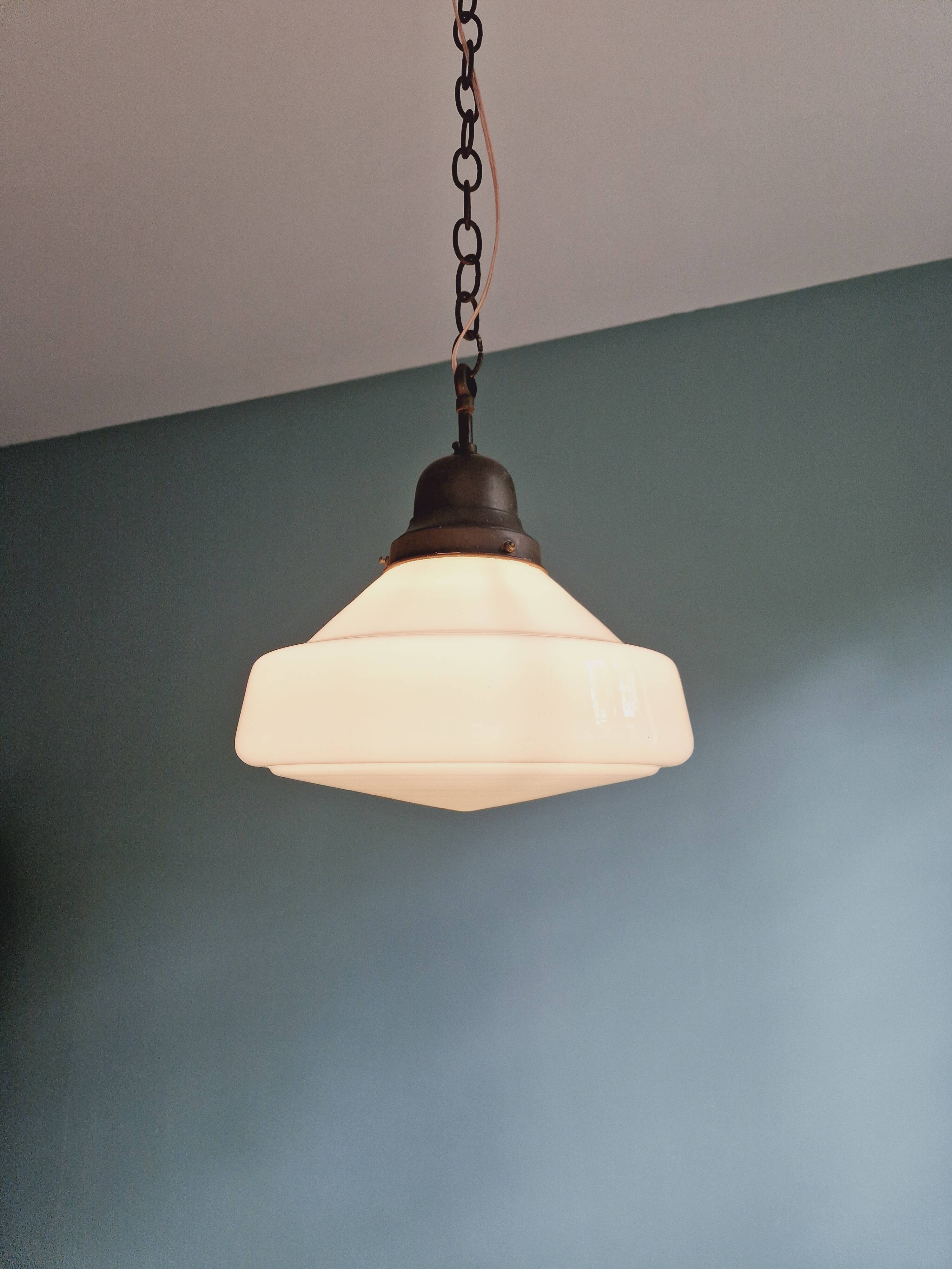 Philips Art Deco pendant light in white conical opaline, 1920s-30s