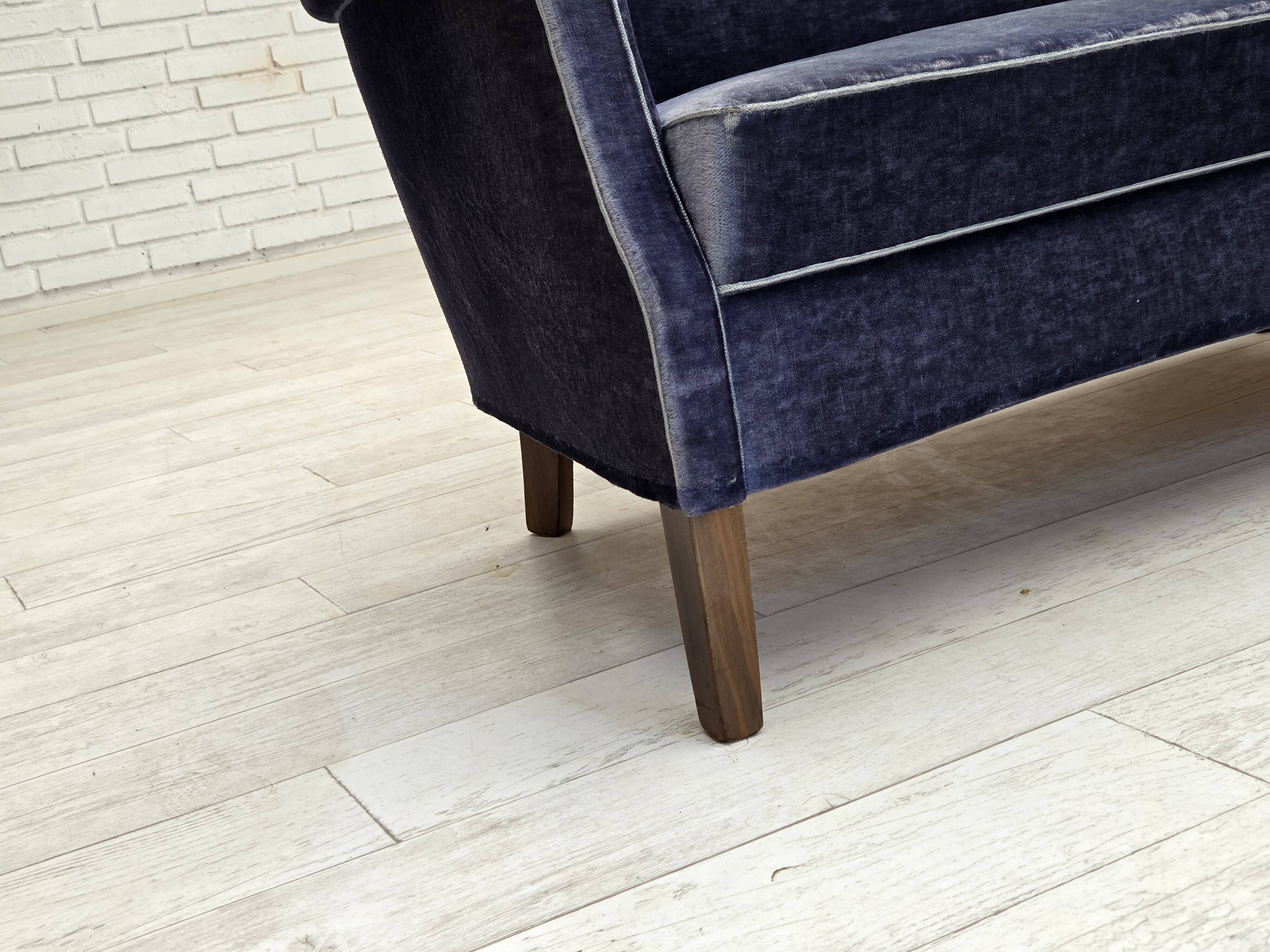 1960s, Danish 2-seater sofa, original blue furniture velour, beech wood.