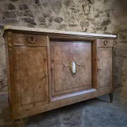 Antique Louis XVI style buffet in burr elm with marble top, late 19th century.