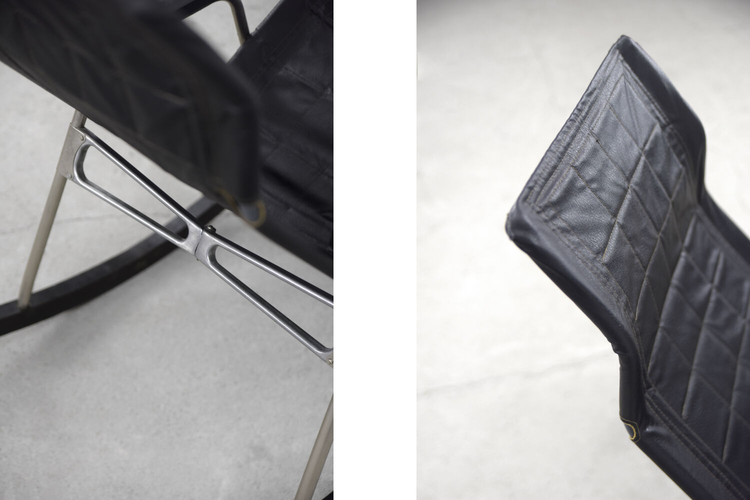 Vintage Mid-Century Postmodern Minimalist Black Leather Rocking Chair by Takeshi Nii, 1950s