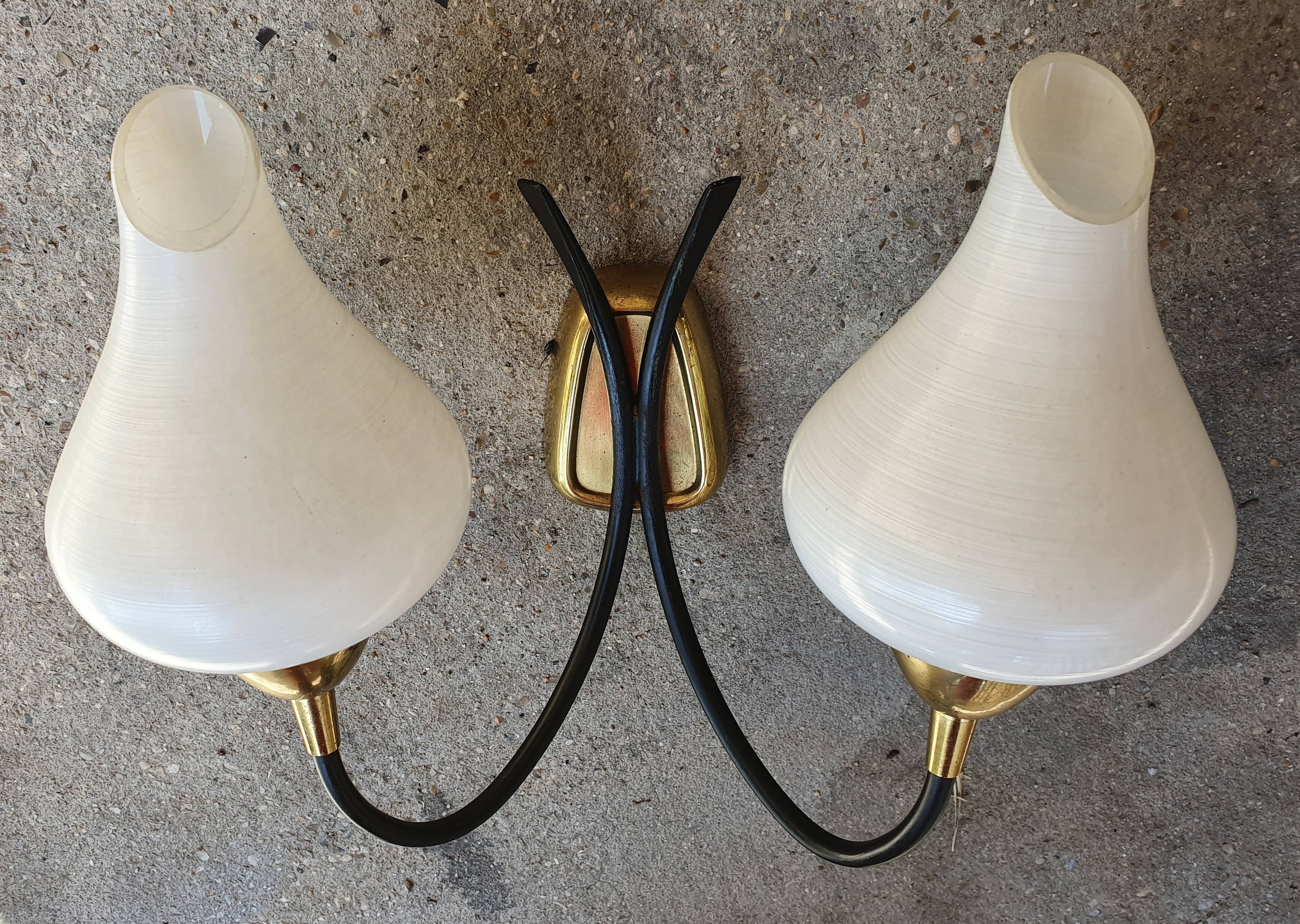 Pair vintage sconces, brass, steel and opaline 1950
