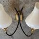 Pair vintage sconces, brass, steel and opaline 1950