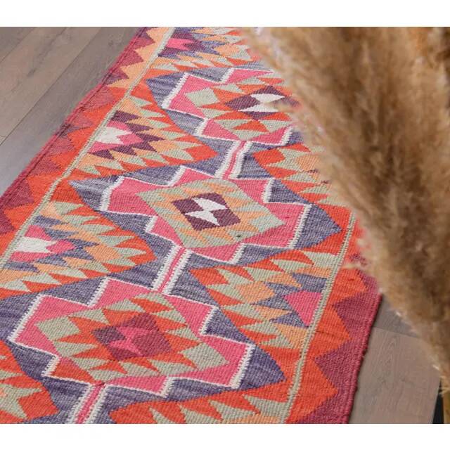 1970s Vintage Turkish Hand-Knotted Wool Cotton Pink Runner Rug 92x343