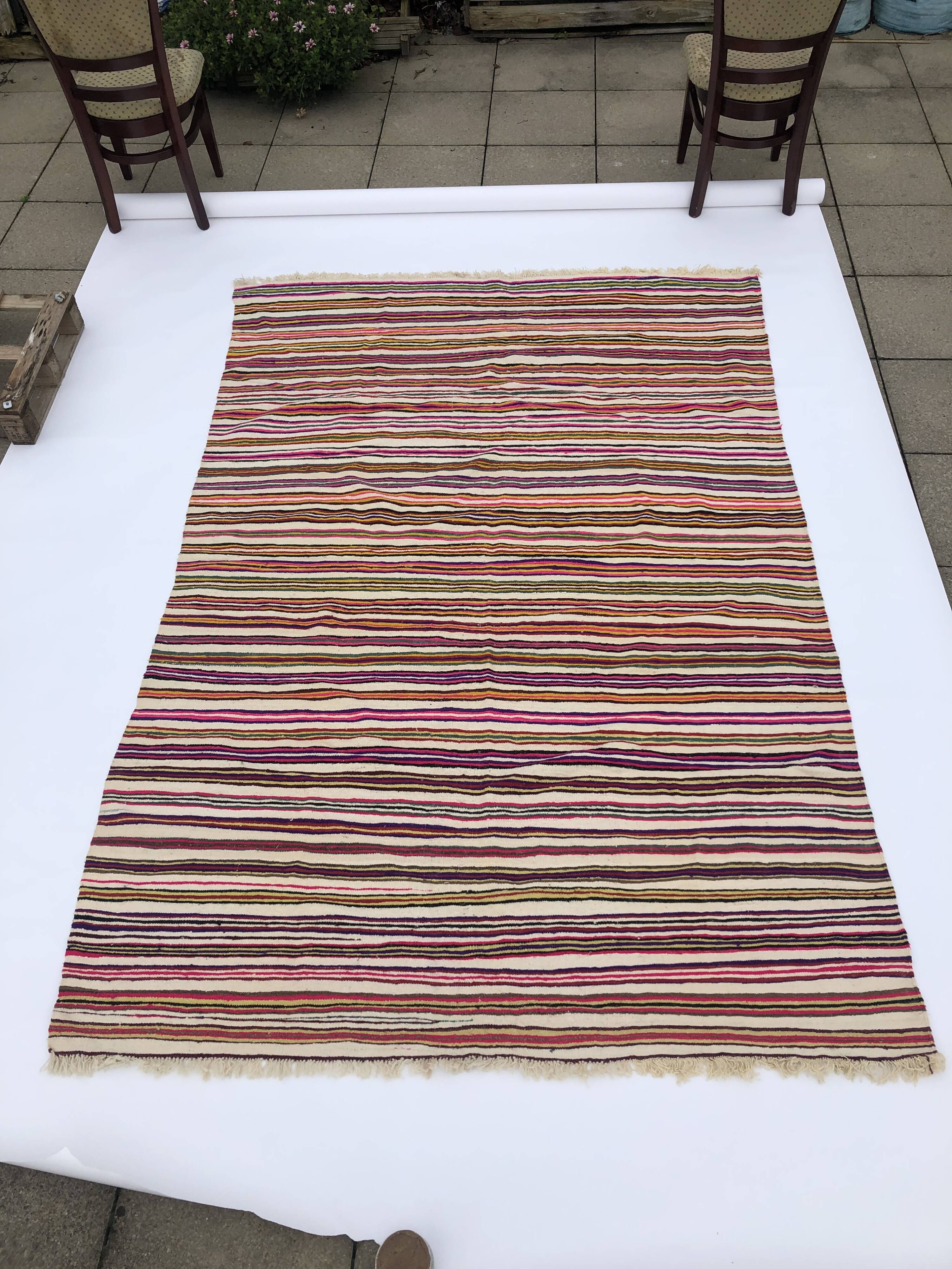 XL Handmade Striped Vintage North African Berber Antique Carpet - Area Rug 272x180
