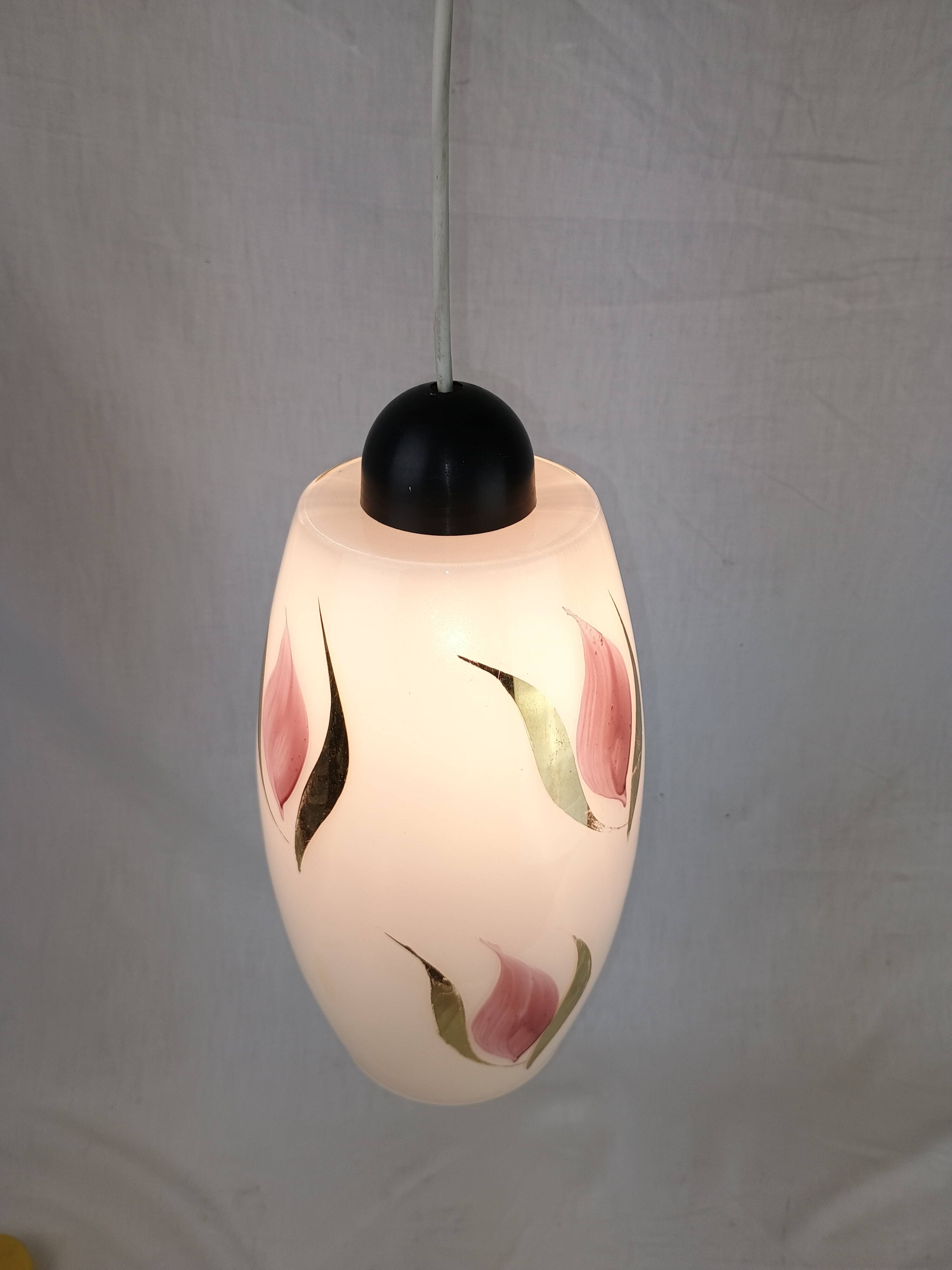 Vintage 1950s Pendant Light, Cream White Glass, Pink and Gold Flower Pattern, ARLUS