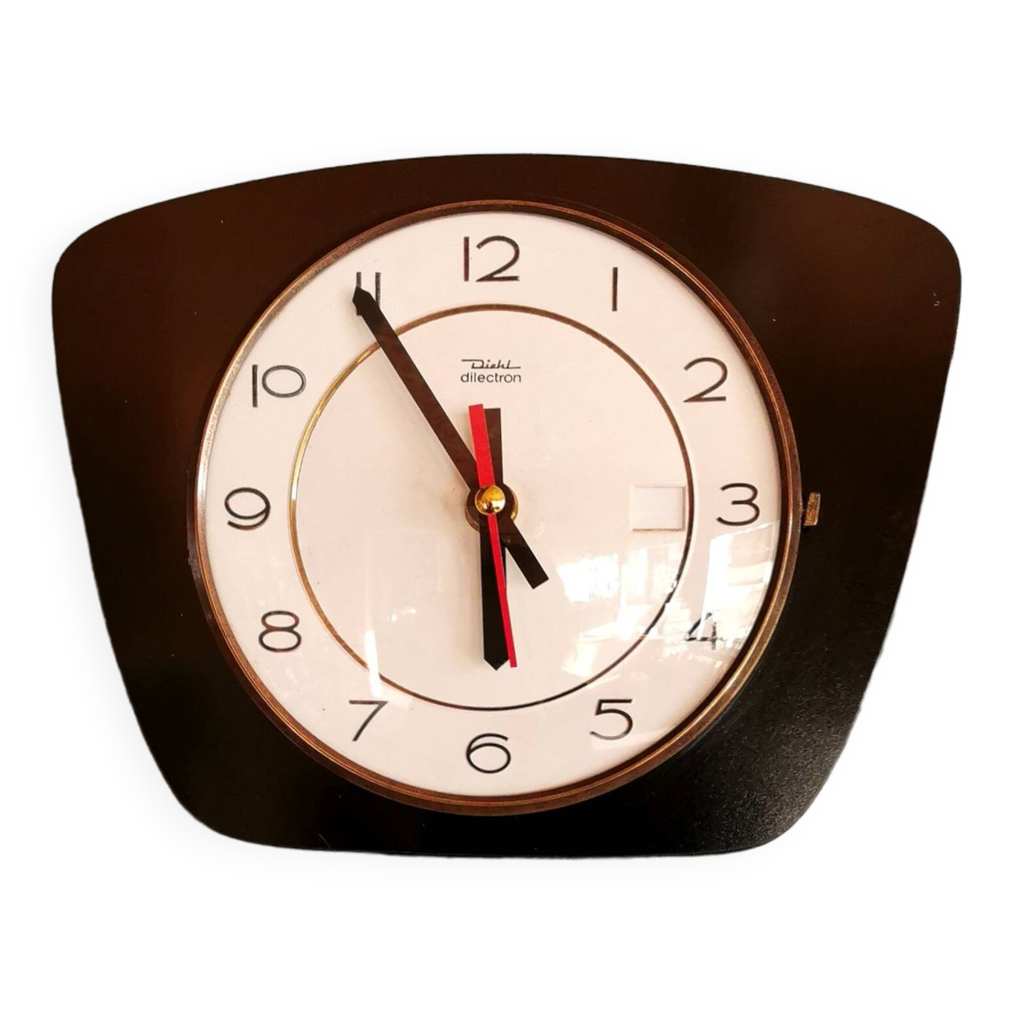 Vintage formica clock silent trapeze wall pendulum "Diehl black white"