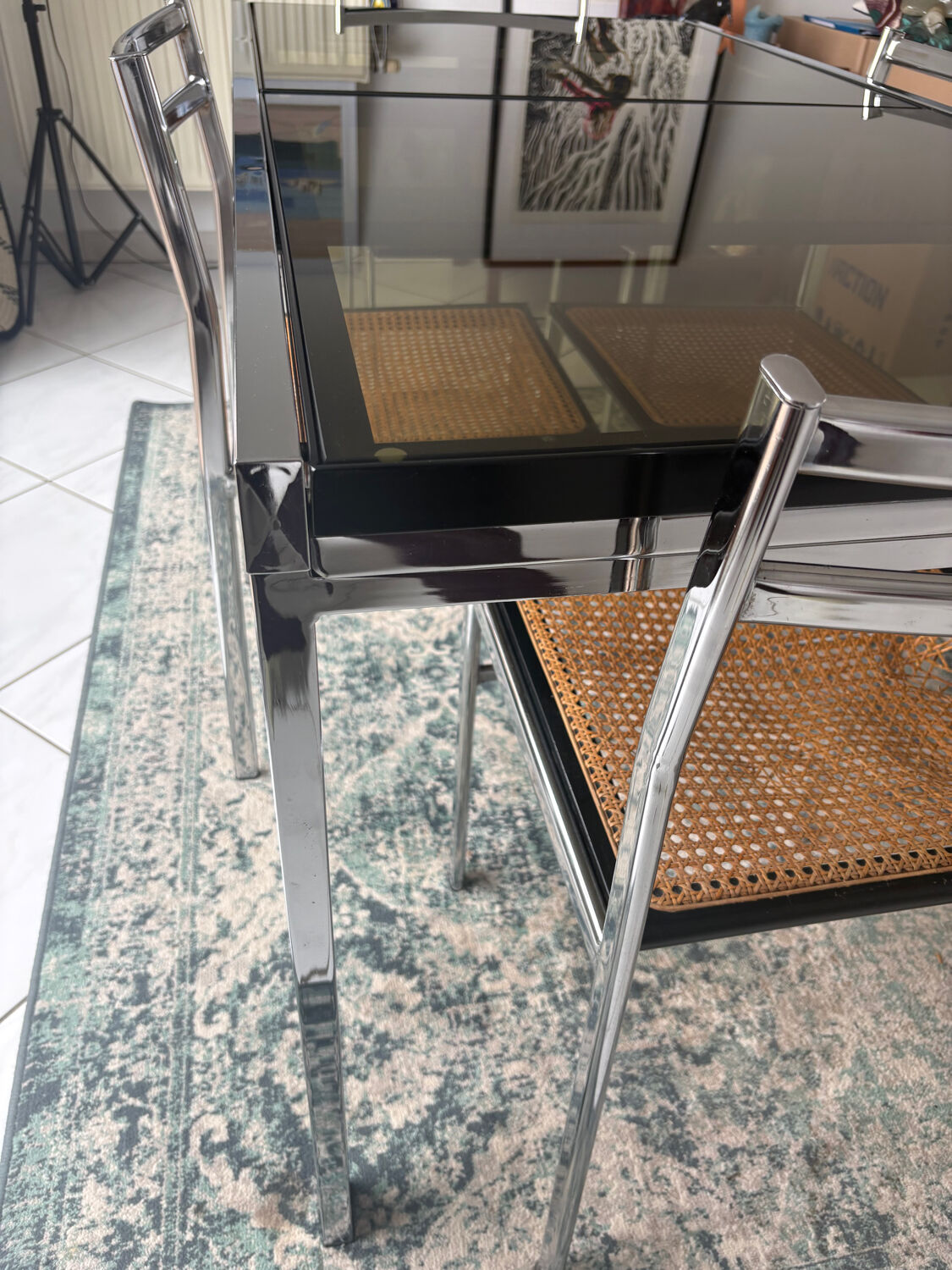 Vintage dining set – smoked glass & chrome – 5 chairs – year