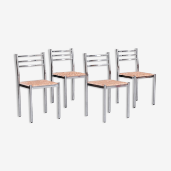 Set of mid-century french metal and rush dining chairs