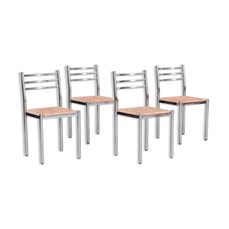 Set of mid-century french metal and rush dining chairs