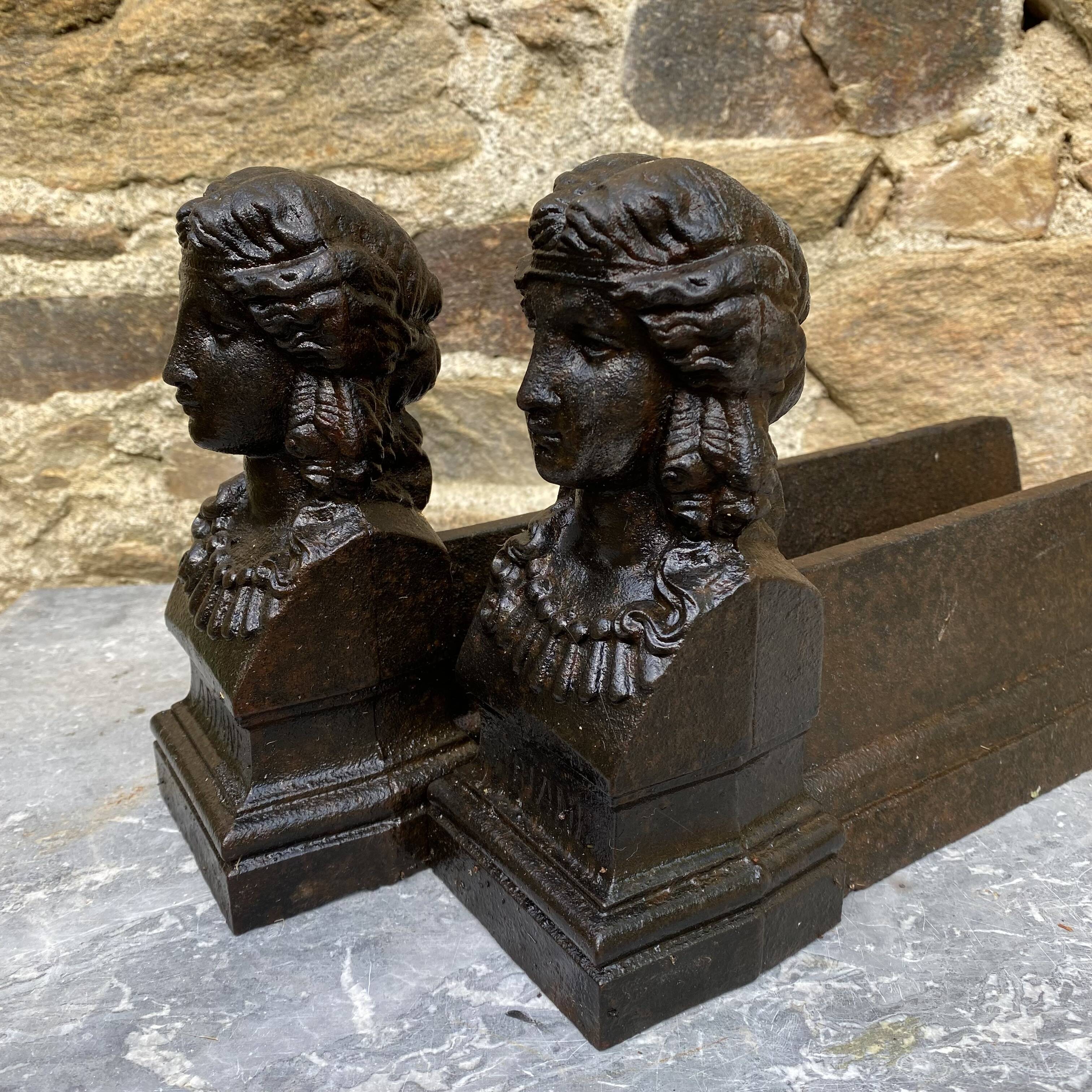 Pair of antique cast iron fire dogs "Ariadne"