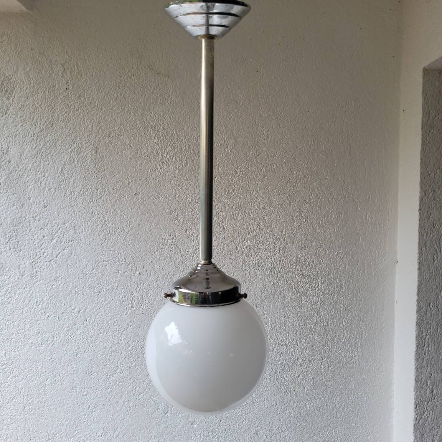 Opaline and chrome-plated metal globe pendant light – 1950s
