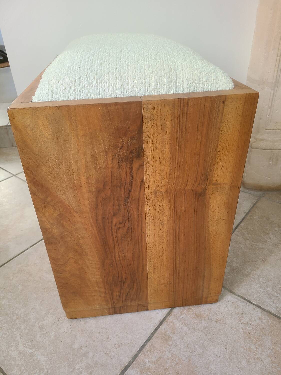 Antique Art Deco piano bench stool rosewood white bouclette fabric