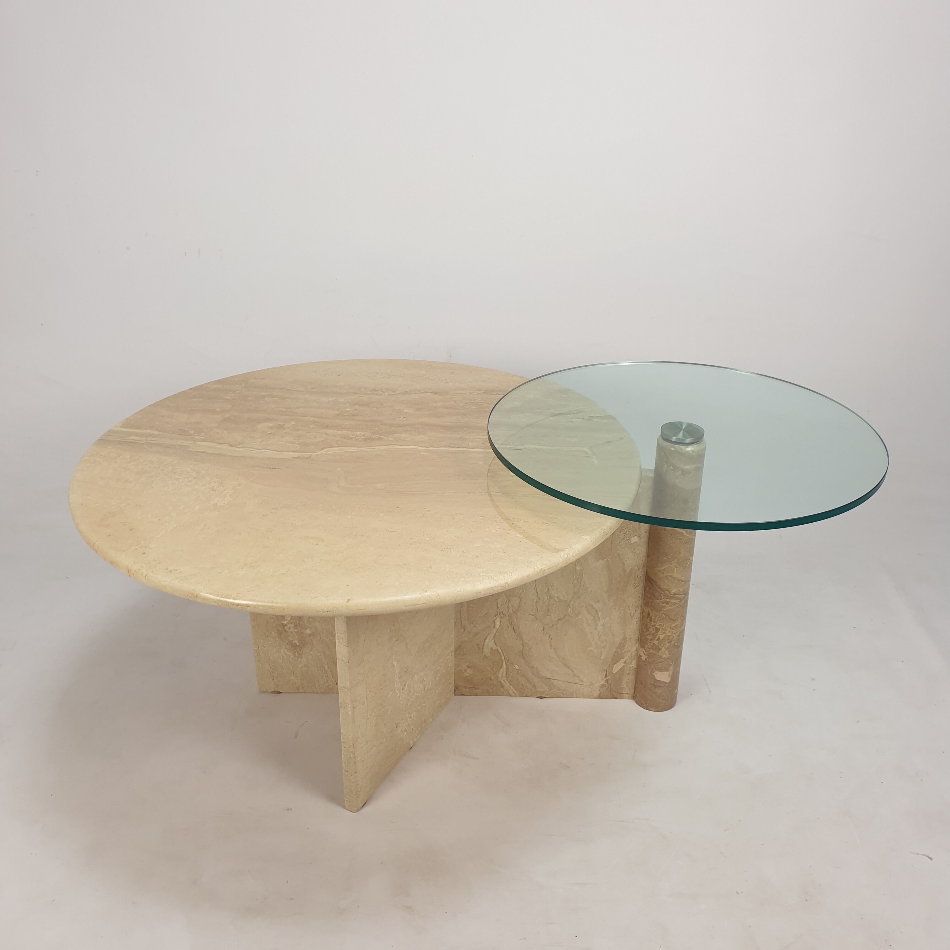 Italian travertine and glass coffee table, 1980