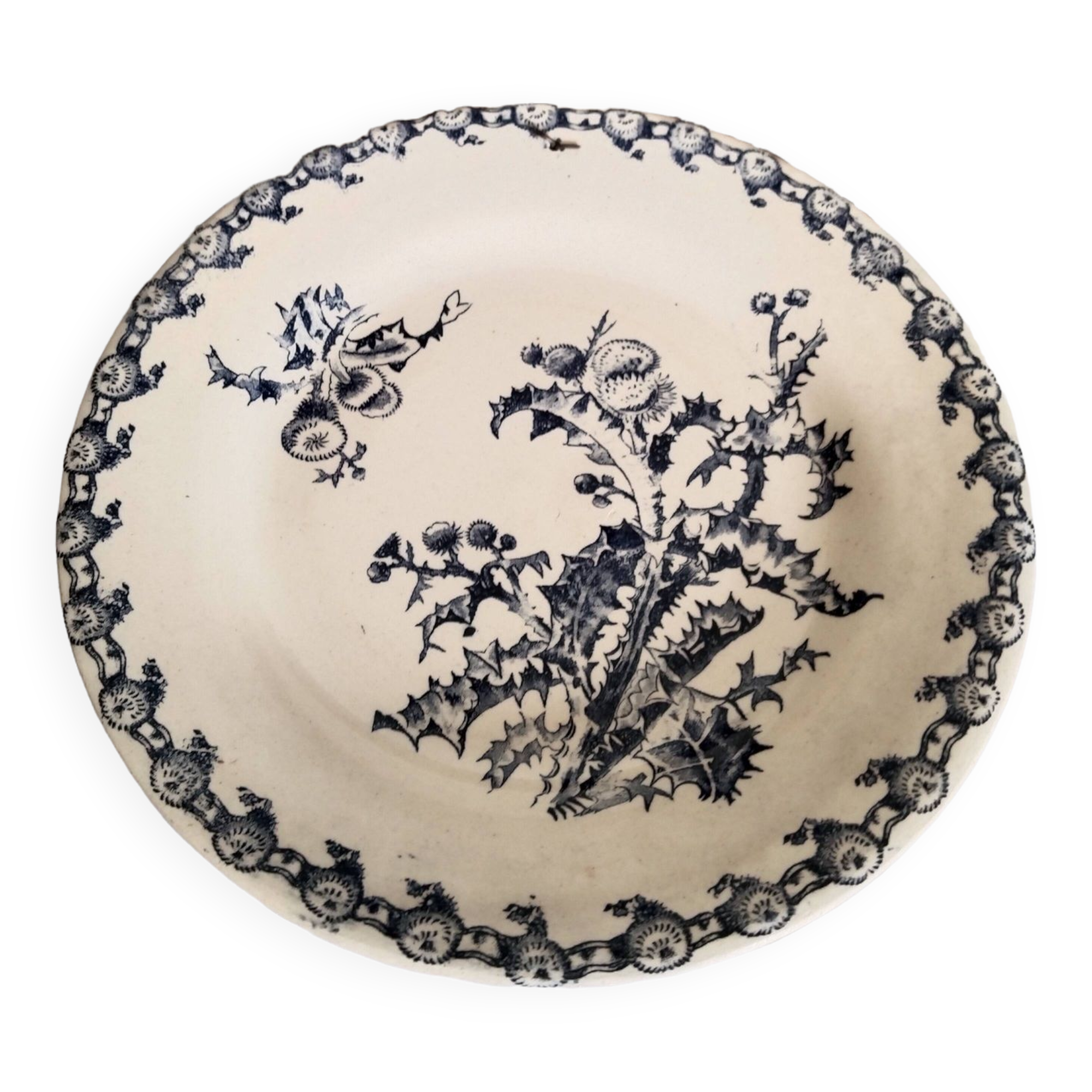 Deep plate in Gien earthenware, Terre de fer, Chardons model, blue color, antique French