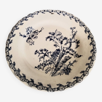 Deep plate in Gien earthenware, Terre de fer, Chardons model, blue color, antique French