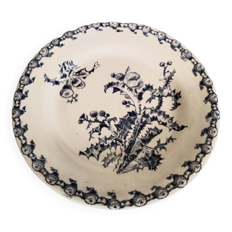 Deep plate in Gien earthenware, Terre de fer, Chardons model, blue color, antique French