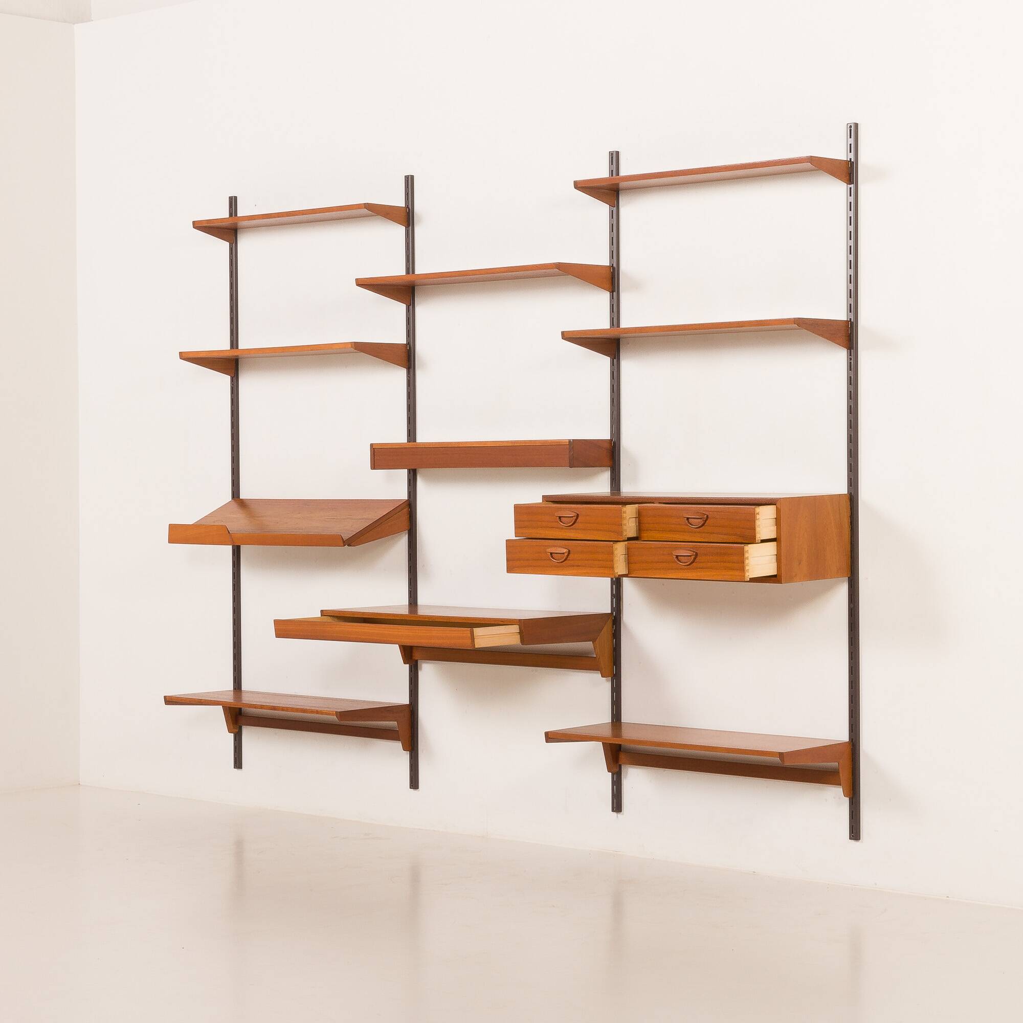 Kai Kristiansen teak wall unit with a desk and a lamp, FM Mobler, 1960s