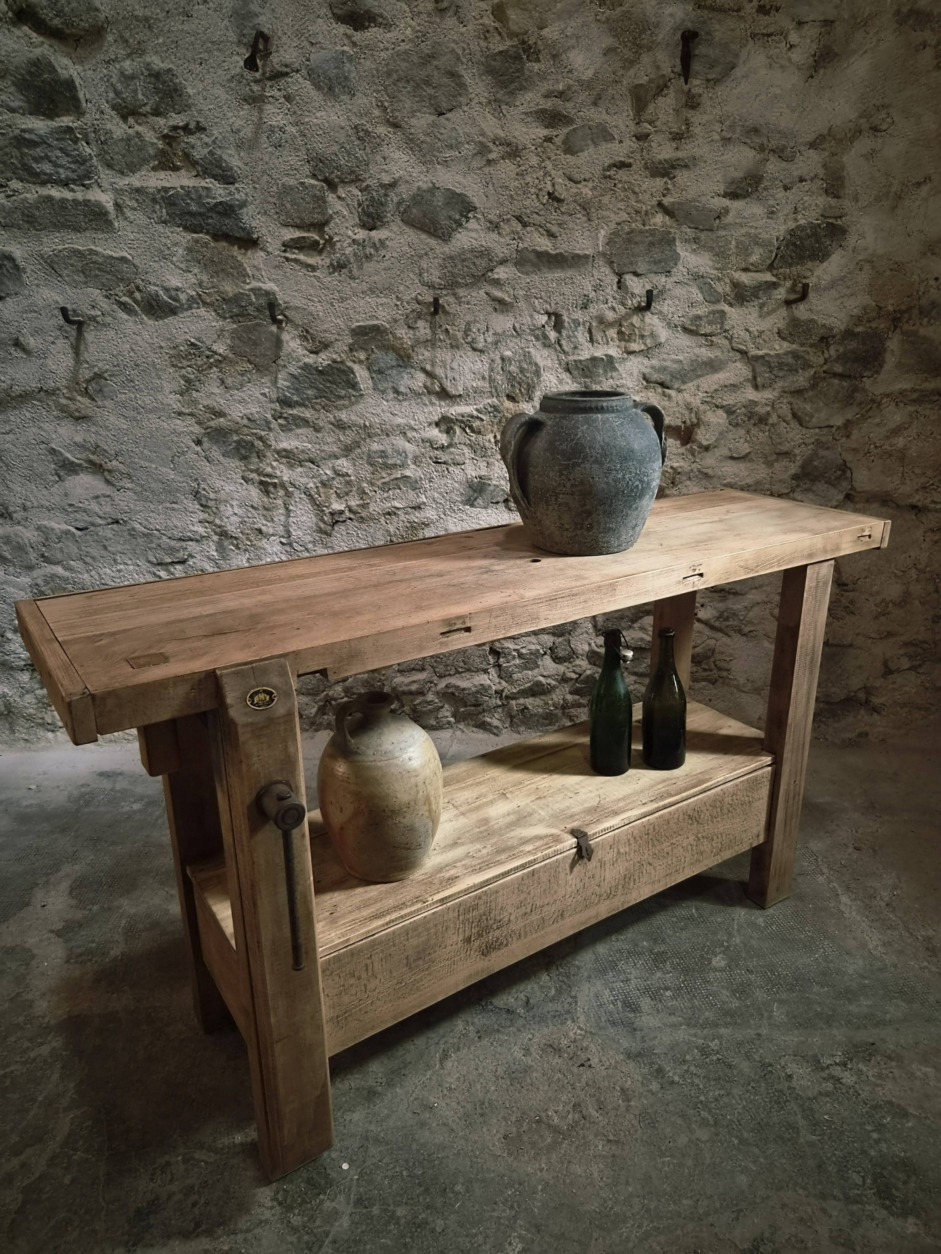 Vintage French beech side table, console, washbasin unit, industrial side table, circa 1950–1970.
