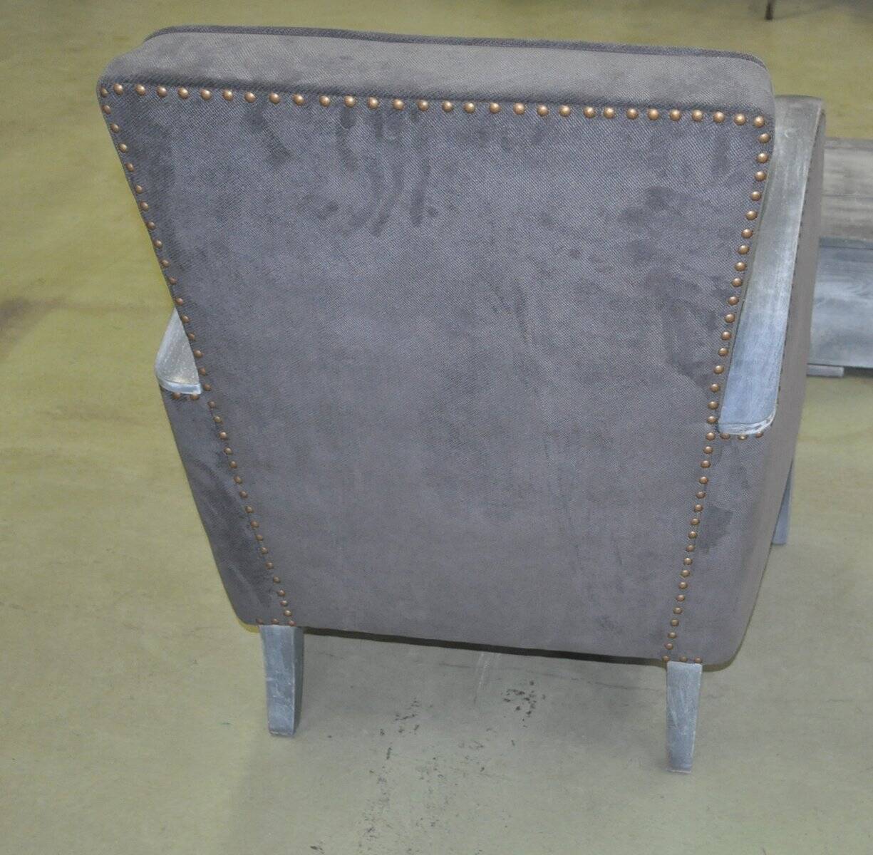 Art Deco grey armchair in fabric and silver-painted wood with brass studs, 1930s
