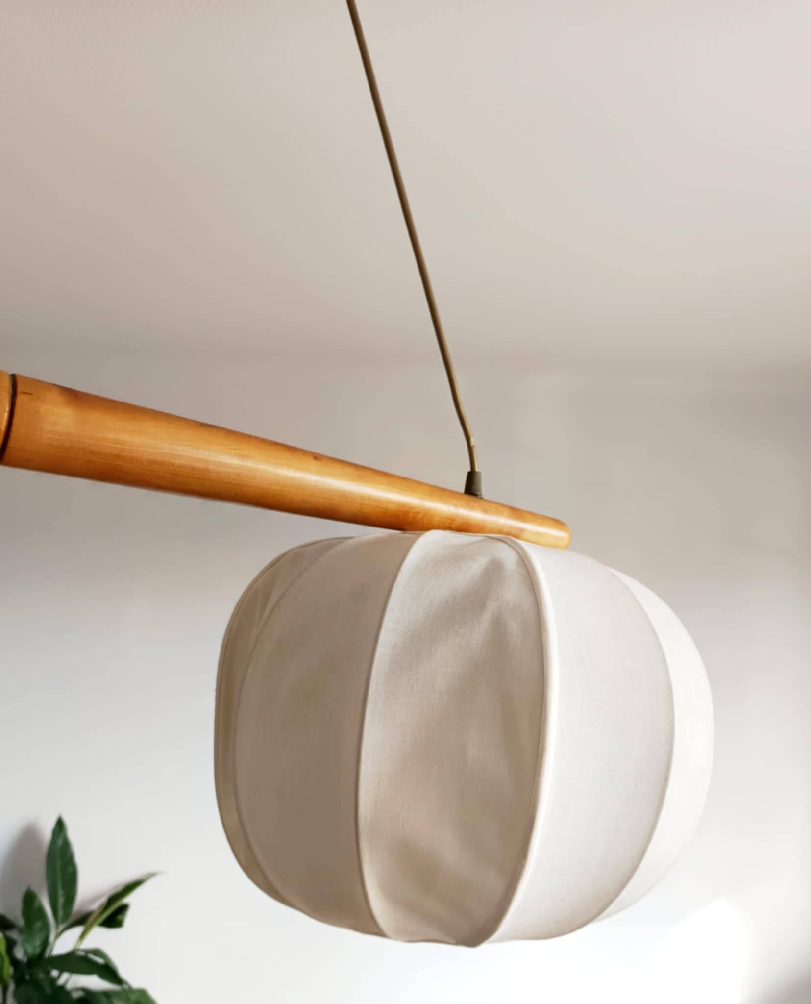 Vintage Scandinavian pendant light, wood and fabric