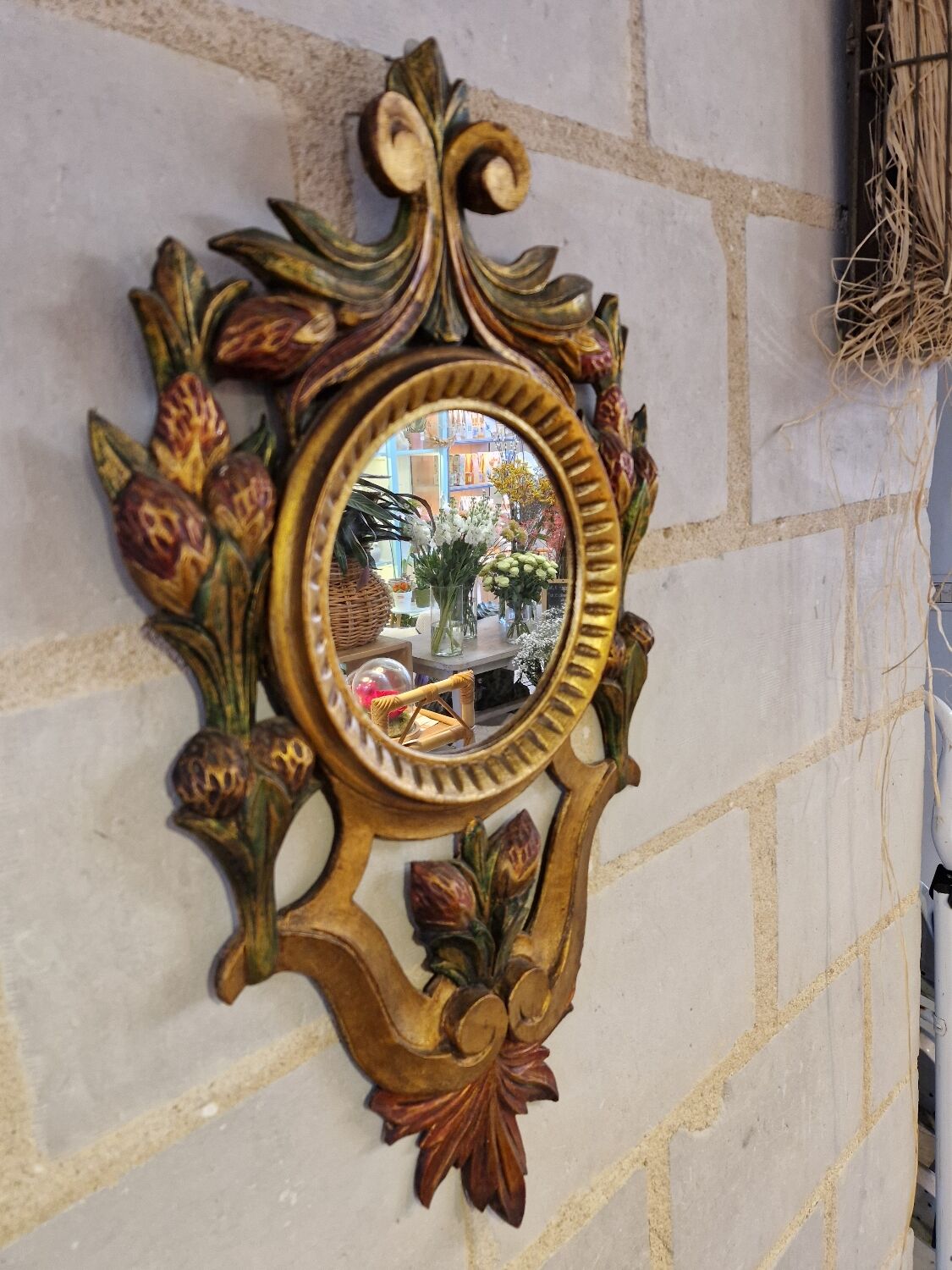 Antique Italian Polychrome Carved Wooden Mirror