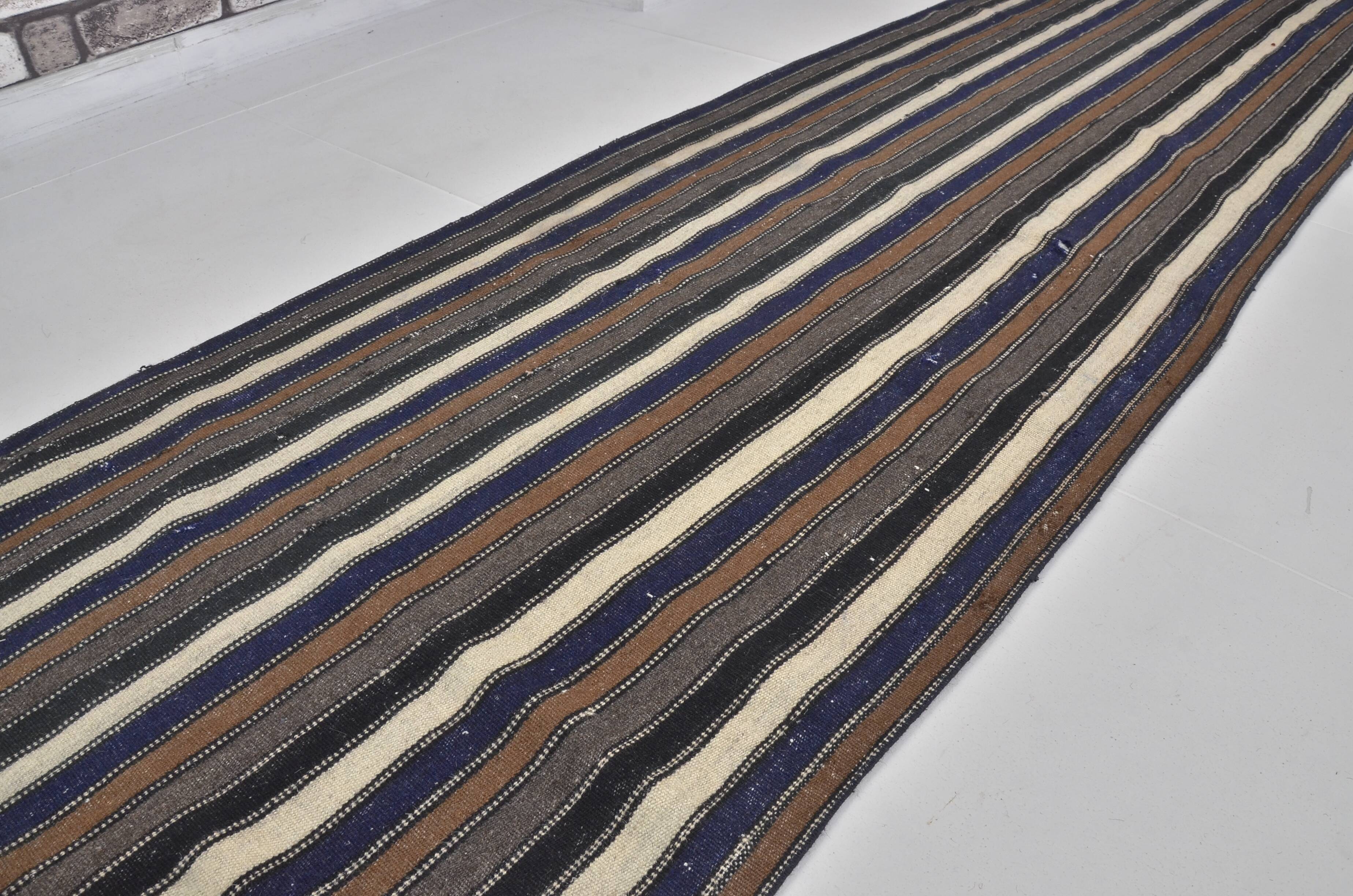 Couverture en kilim en laine turque Oushak à rayures, sku 3776