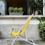 Transat de plage en bois blanc et coton jaune