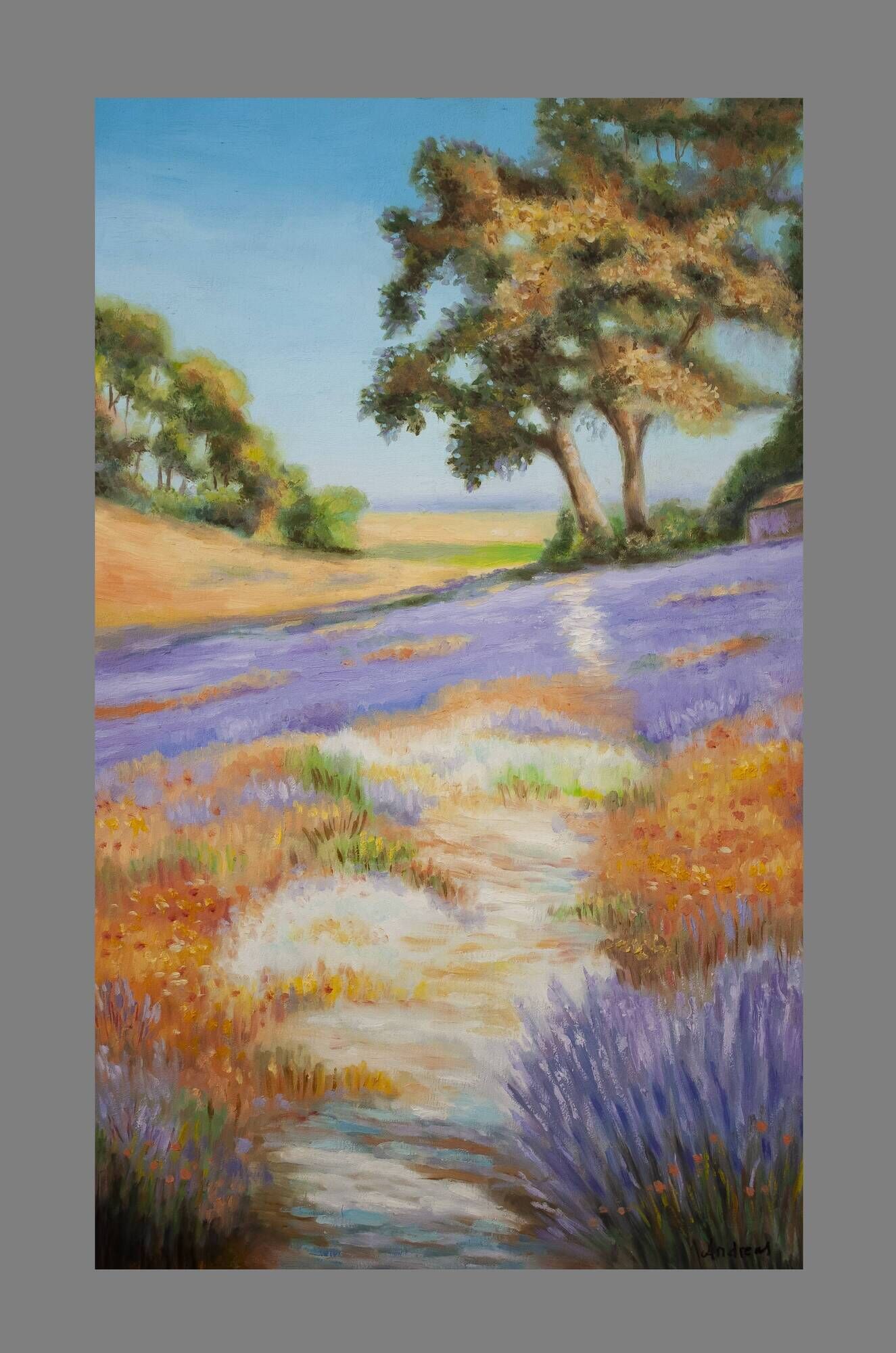 Oil painting on wooden panel, lavender landscape with lilacs and trees.