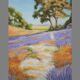 Oil painting on wooden panel, lavender landscape with lilacs and trees.