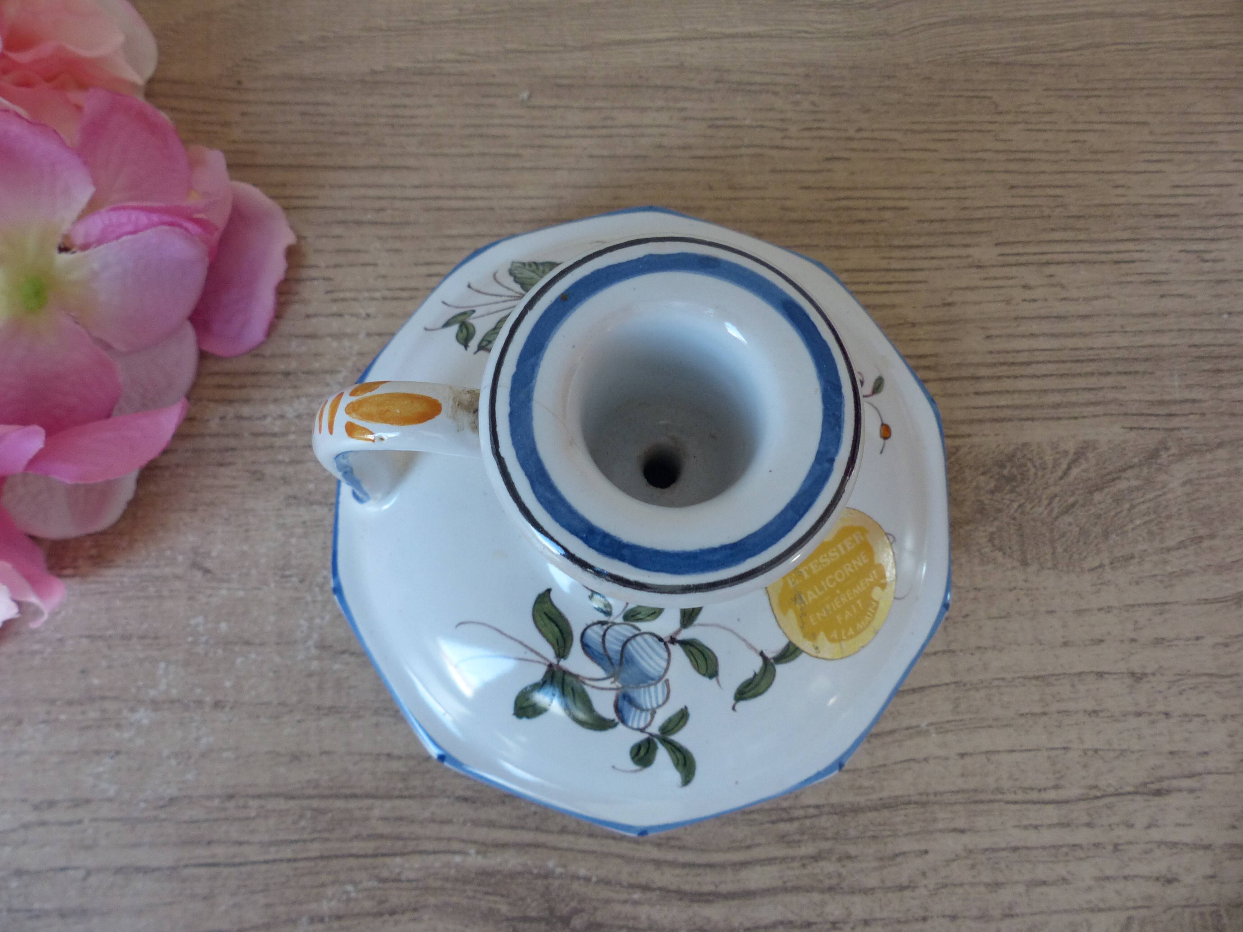 Malicorne earthenware candle holder by Emile Tessier with floral decoration