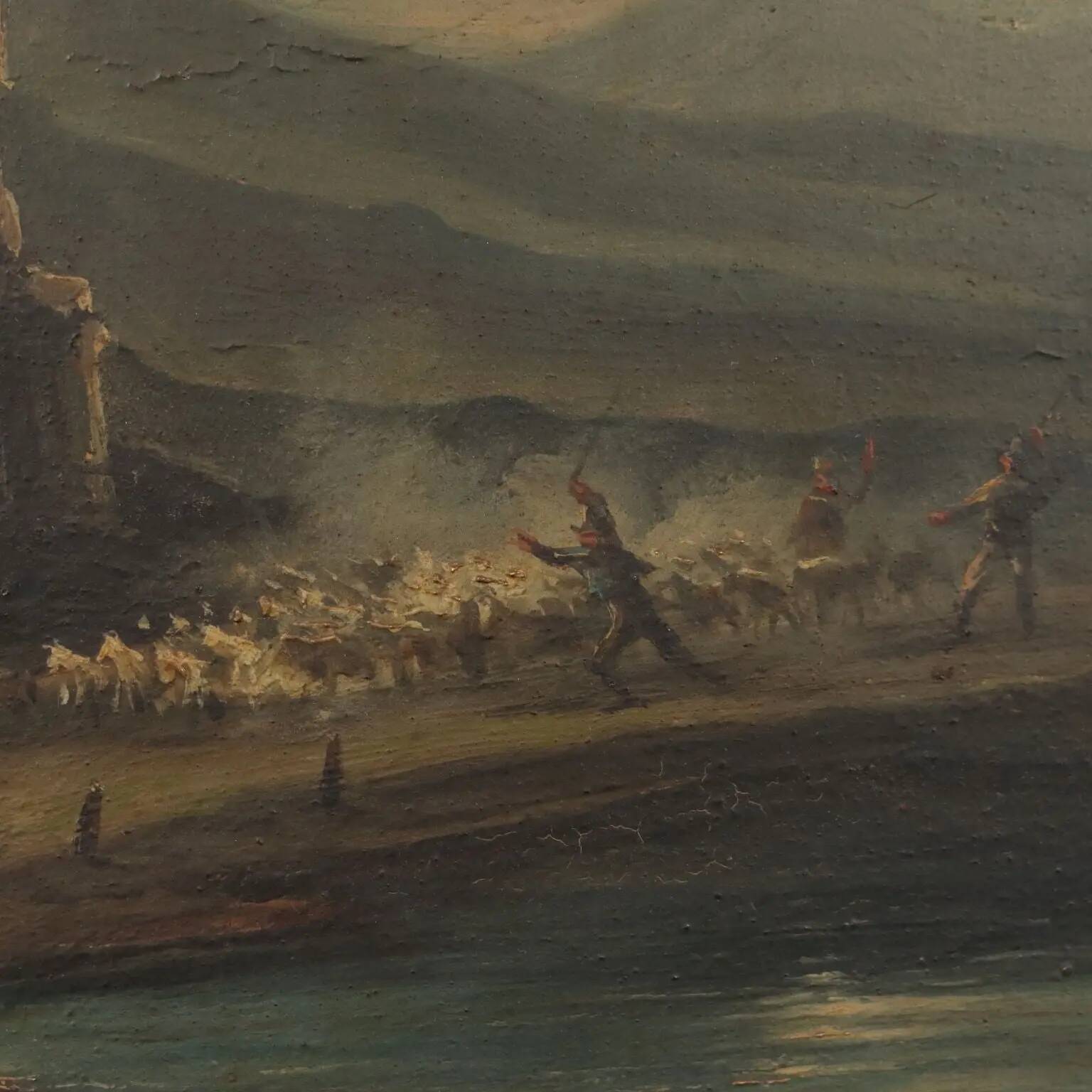 Old painting of a nocturnal landscape in oil on panel from the 19th century.