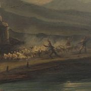 Old painting of a nocturnal landscape in oil on panel from the 19th century.
