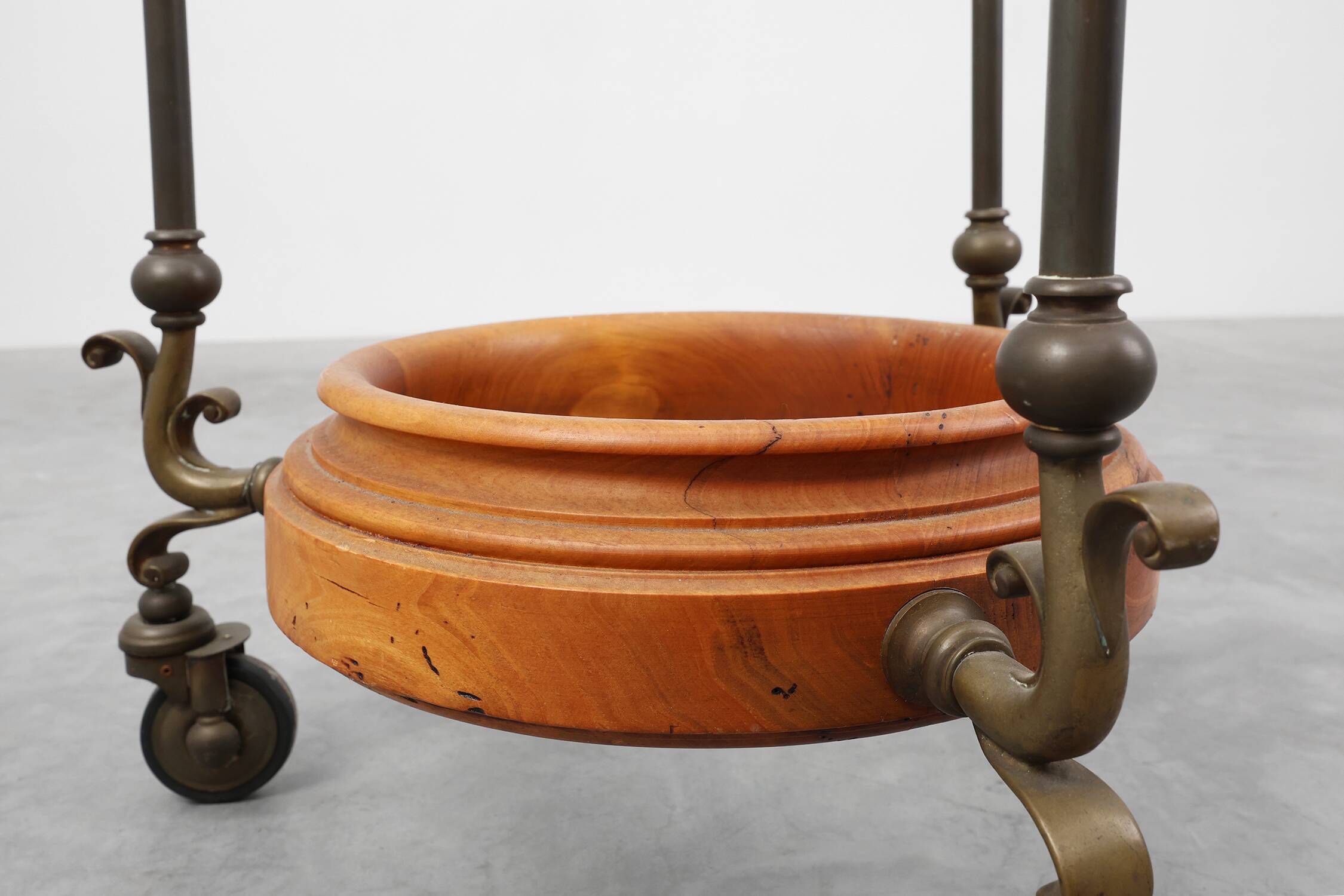 Rustic Copper and Walnut Serving Trolley with Glass Top, France ca. 1900